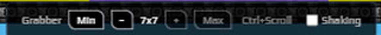The Sandustry grabber bar showing Min, minus, 7x7, plus, Max, the Ctrl+Scroll binding and a Shaking toggle