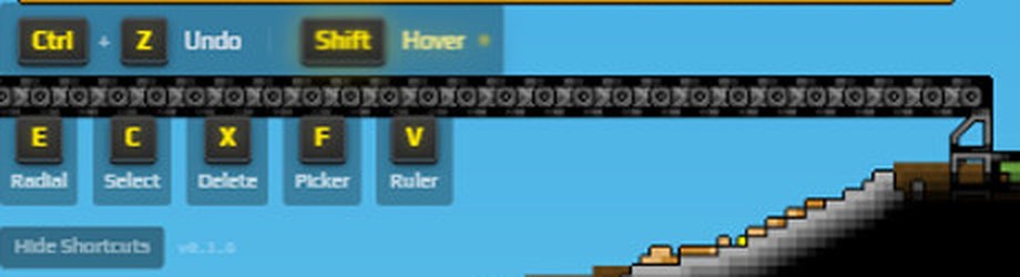 The in-game Sandustry shortcut bar showing Ctrl+Z Undo, Shift Hover, and E Radial, C Select, X Delete, F Picker, V Ruler