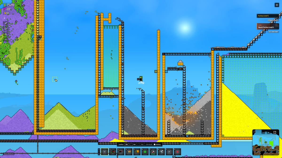 Parallel Sandustry material lines feeding a lava-fed slag pit beside a gold silo
